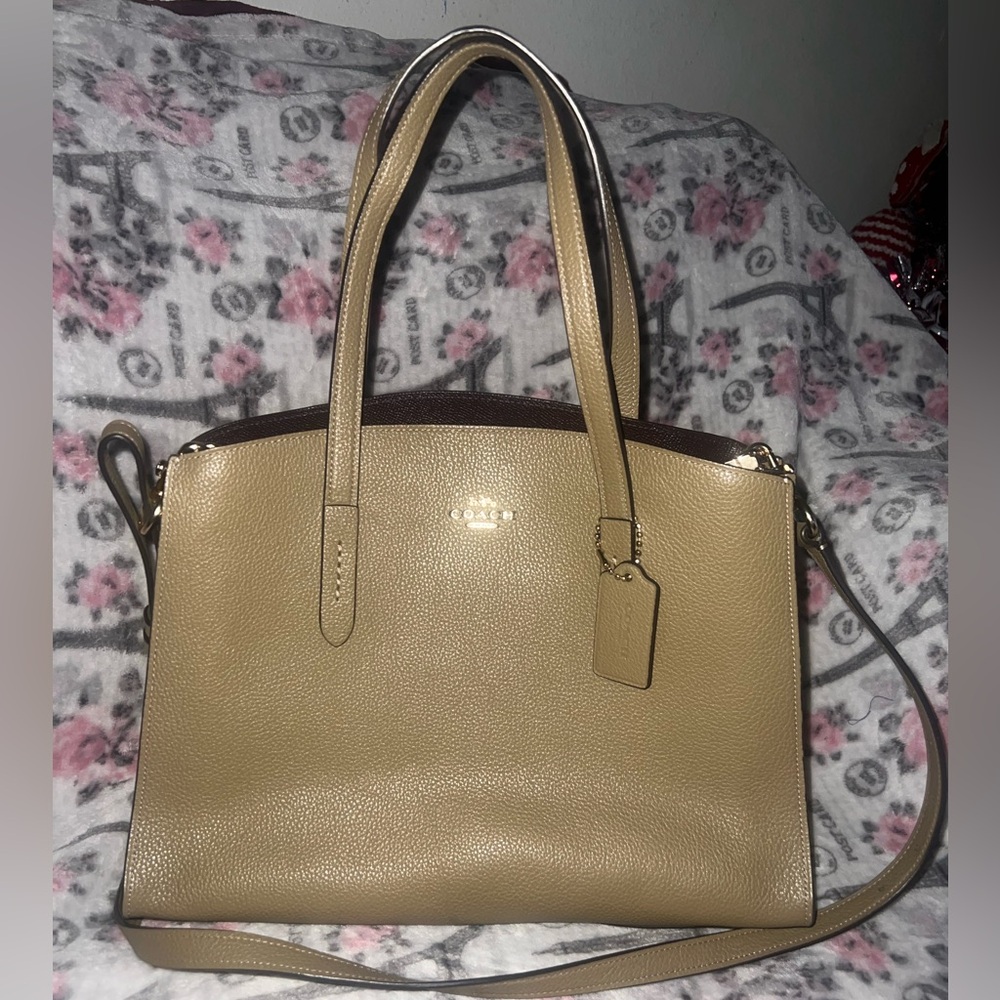Coach Charlie Carryall 40 Polished Pebble Leather Handbag Tan Tote